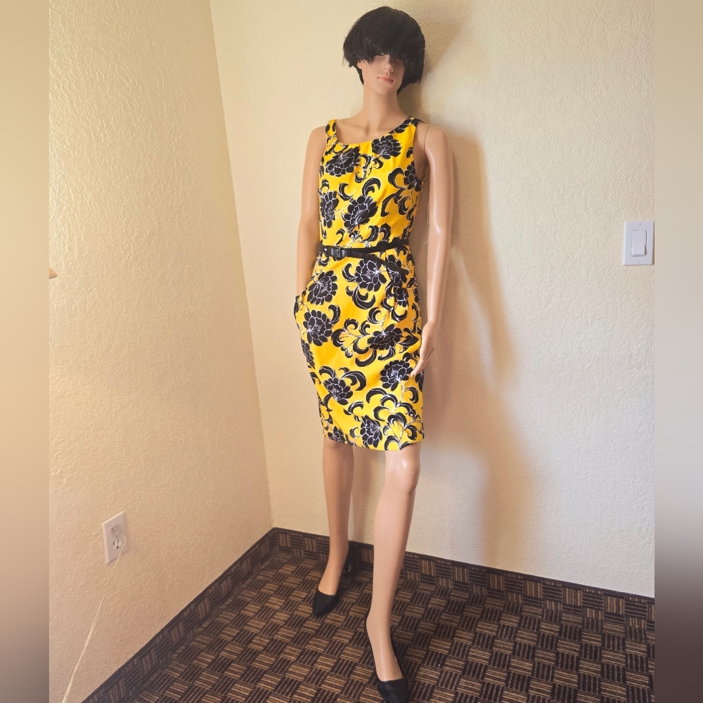 London Times Yellow and Black Floral Midi Dress